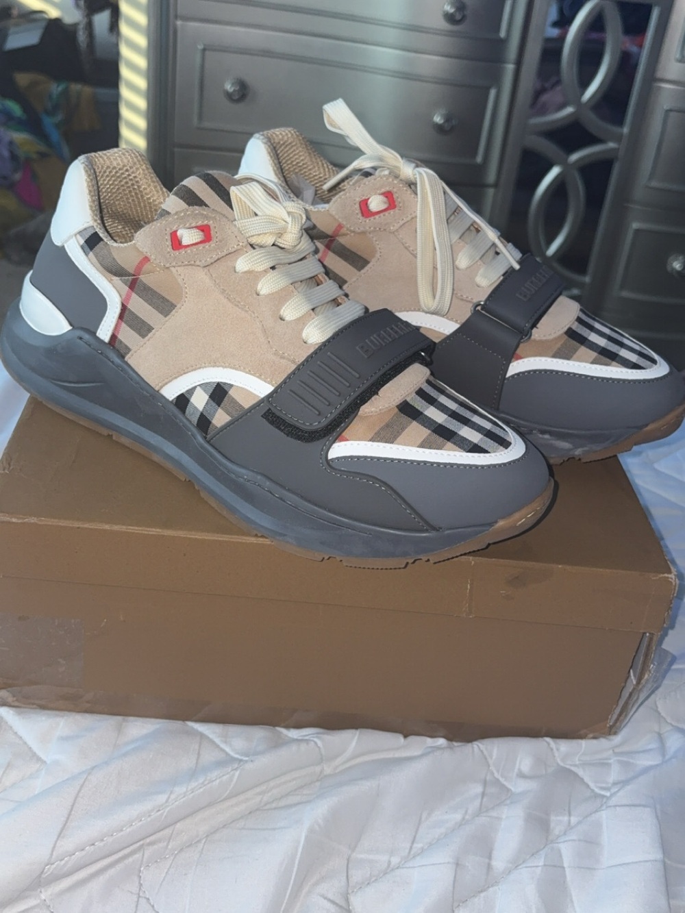 Burberry Beige, Gray & Black Check Kids Sneakers - Picture 2 of 6